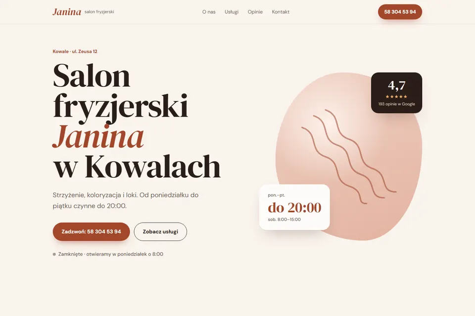 Главный экран сайта Salon fryzjerski Janina