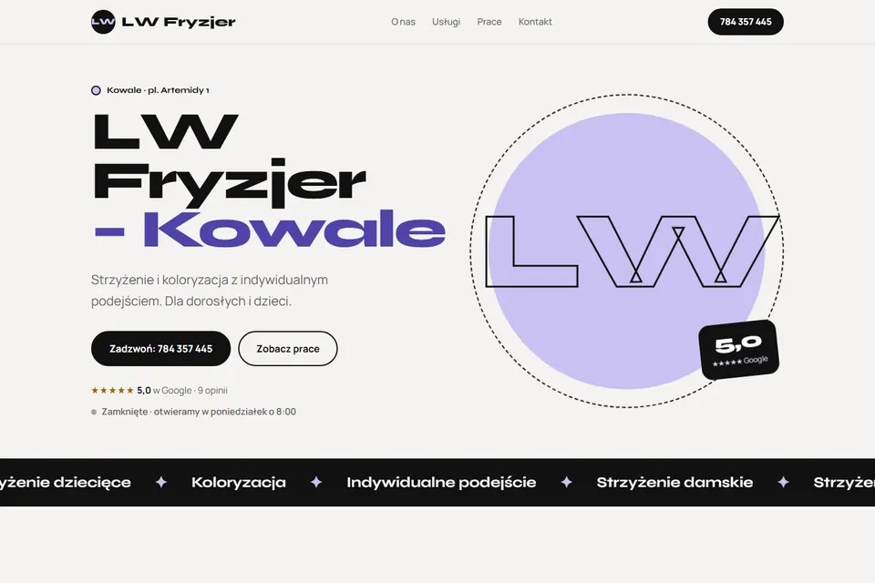 Главный экран сайта LW Fryzjer